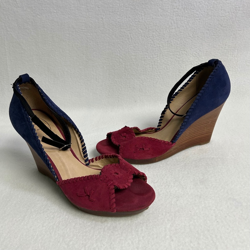 Jack Rogers Preppy Coastal Womens 10 Burgundy‎ Navy Blue Suede Whipstitch Wedges